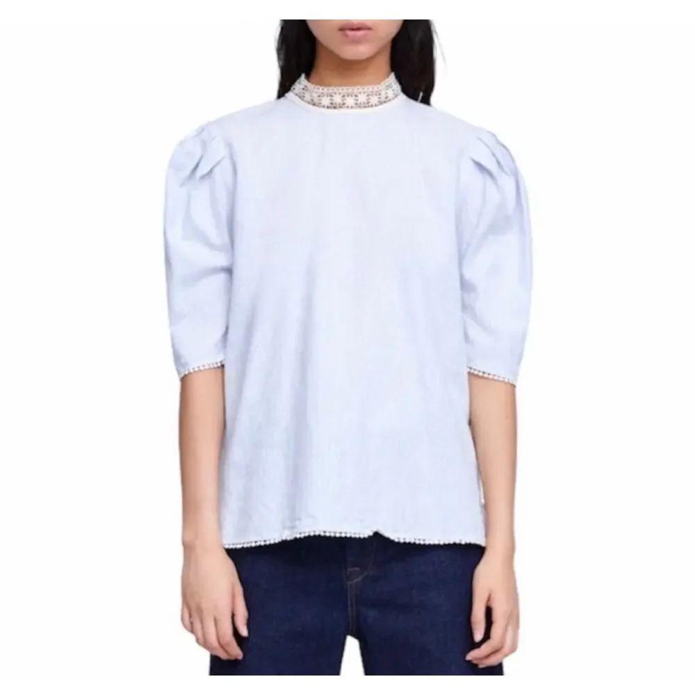 Zara Linen Light Blue Puff Sleeve Lace Collar Top Sz M